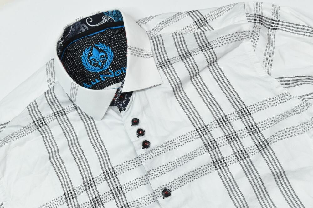 Au Noir Shirt Mens 5 White Black Plaid Long Sleeve Button-Up Cotton Slim Fit